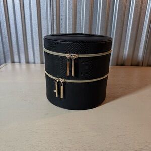 Lancôme 3 tier Makeup organizer 9x9 textured black finish, mirror, pink interior